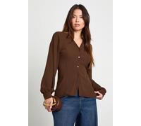 boohoo Women's Hammered Volume Sleeve Fitted Blouse in Chocolate | Size: 16