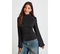 boohoo Women's High Cowl Flare Sleeve Satin Blouse in Black | Size: 14