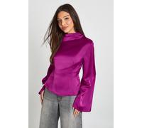 boohoo Women's High Cowl Flare Sleeve Satin Blouse in Magenta | Size: 10