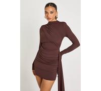 boohoo Women's High Neck Drape Sculpt Slinky Mini Dress in Chocolate | Size: 14