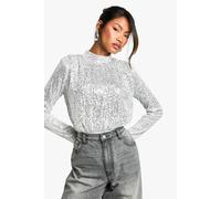 boohoo Women's High Neck Sequin Bodysuit in Silver | Size: 8