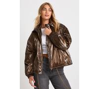 boohoo Women's High Shine Bomber Jacket in Brown | Size: 16