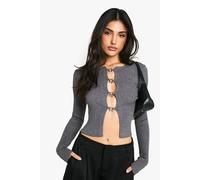 boohoo Women's Hook Detail Rib Cardigan in Charcoal | Size: Medium