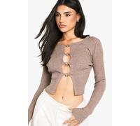 boohoo Women's Hook Detail Rib Cardigan in Oatmeal | Size: Medium