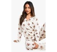boohoo Women's Hot Chocolate Print Long Sleeve Shirt & Trousers Pyjama Set in Beige | Size: 12