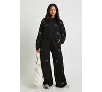 boohoo Women's Hotfix Diamante Bow Sweatshirt Tracksuit in Black | Size: XS