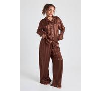 boohoo Women's Jacquard Satin Oversized Long Sleeve Shirt & Trouser Pyjama Set in Chocolate | Size: 8