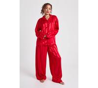 boohoo Women's Jacquard Satin Oversized Long Sleeve Shirt & Trouser Pyjama Set in Red | Size: 12