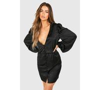 boohoo Women's Jaquard Blouson Sleeve Mini Dress in Black | Size: 10