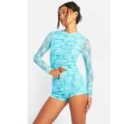 boohoo Women's Lace Ruched Front Long Sleeve Top in Blue | Size: 10