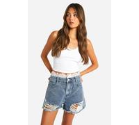 boohoo Women's Lace Trim Distressed Hem Denim Shorts in Mid Blue | Size: 6