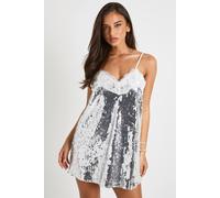 boohoo Women's Lace Trim Sequin Cami Dress in Silver | Size: 16