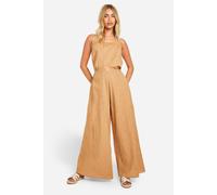 boohoo Women's Lace Up Back Woven Jumpsuit in Stone | Size: 10
