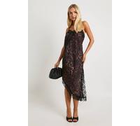 boohoo Women's Leopard Lace Asymmetric Satin Slip Midaxi Dress in Brown | Size: 10