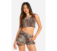 boohoo Women's Leopard Mesh Ruched Ribbion Booty Short | Size: 14