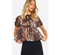 boohoo Women's Leopard Puff Sleeve Contrast Bow Tie Blouse in Brown | Size: 8
