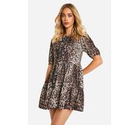 boohoo Women's Leopard Rib Tie Front Smock Dress in Brown | Size: 8