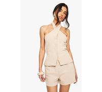 boohoo Women's Linen Cross Halterneck Waistcoat in Stone | Size: 12