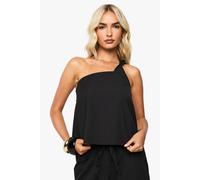 boohoo Women's Linen Knot Detail One Shoulder Crop Top in Black | Size: 6