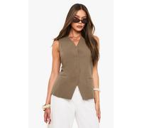 boohoo Women's Linen Longline V Neck Tailored Waistcoat in Khaki | Size: 10