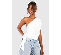 Boohoo Linen Look Asymmetric Ruched Blouse In White white 8