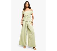boohoo Women's Linen Look Bardot Wide Leg Jumpsuit in Olive | Size: 12