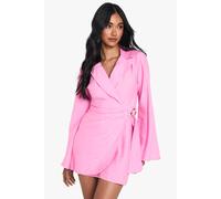 boohoo Women's Linen Look Buckle Detail Tie Waist Tailored Blazer Dress in Pink | Size: 8