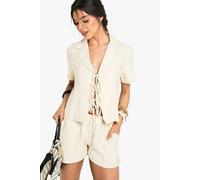 boohoo Women's Linen Look Crop Shirt in Stone | Size: 6