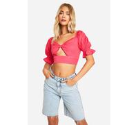 boohoo Women's Linen Look Puff Sleeve Crop Top in Hot Pink | Size: 12