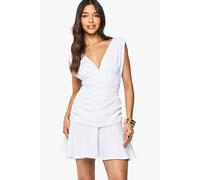 boohoo Women's Linen Look Ruched Skater Dress in White | Size: 10
