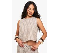 boohoo Women's Linen Look Stripe Boxy Crop Top in Mocha | Size: 6