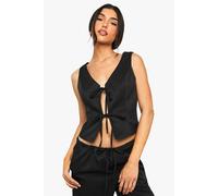 boohoo Women's Linen Look Tie Front Top in Black | Size: 12