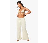boohoo Women's Linen Low Rise Beaded Beach Trousers in Beige | Size: Large