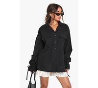 boohoo Women's Linen Oversized Tie Cuff Shirt in Black | Size: 10