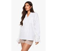 boohoo Women's Linen Oversized Tie Cuff Shirt in White | Size: 10