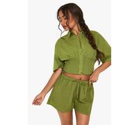 boohoo Women's Linen Shirred Shirt in Olive | Size: 12