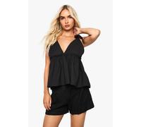 boohoo Women's Linen Tie Shoulder Cami in Black | Size: 10