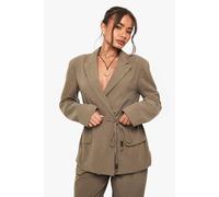 boohoo Women's Linen Wrap Over Beaded Tie Detail Blazer in Khaki | Size: 14