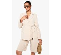 boohoo Women's Linen Wrap Over Beaded Tie Detail Blazer in Stone | Size: 10
