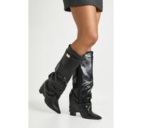 boohoo Women's Lock Detail Slouchy Fold Over Block Heeled Boots in Black | Size: 3