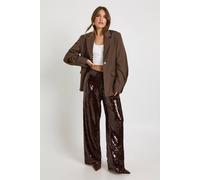 boohoo Women's Low Rise Drawcord Waistband Sequin Trouser in Espresso | Size: 14