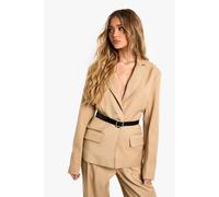 boohoo Women's Marl Tailored Belted Single Breast Blazer in Taupe | Size: 10