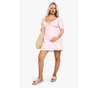 boohoo Women's Maternity Cotton Tie Front Puff Sleeve Skater Dress in Pink | Size: 14