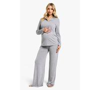 boohoo Women's Maternity Long Sleeve Button Top & Wide Leg Trouser Pj Set in Grey Marl | Size: 8