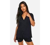 boohoo Women's Maternity Peached Button Down Shirt & Short Pj Set in Black | Size: 14