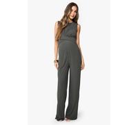 boohoo Women's Maternity Rib Sleeveless Knot Detail Lounge Jumpsuit in Khaki | Size: 16