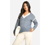 boohoo Women's Maternity Soft Knit Contrast Detail Knitted V Neck Jumper in Grey | Size: Medium