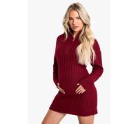 boohoo Women's Maternity Soft Knit Thick Rib Zip Neck Oversize Mini Dress in Berry | Size: 14
