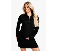 boohoo Women's Maternity Soft Knit Thick Rib Zip Neck Oversize Mini Dress in Black | Size: 10