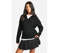 boohoo Women's Maternity Soft Wide Rib Knit Collared Jumper in Black | Size: Large